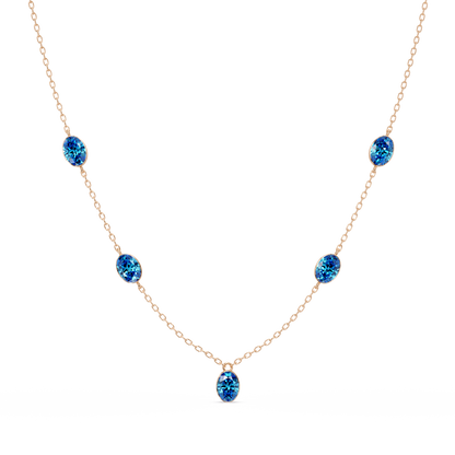 3.7 CTW Oval Colorstone Station Necklace - Rose Gold Aquamarine Blue