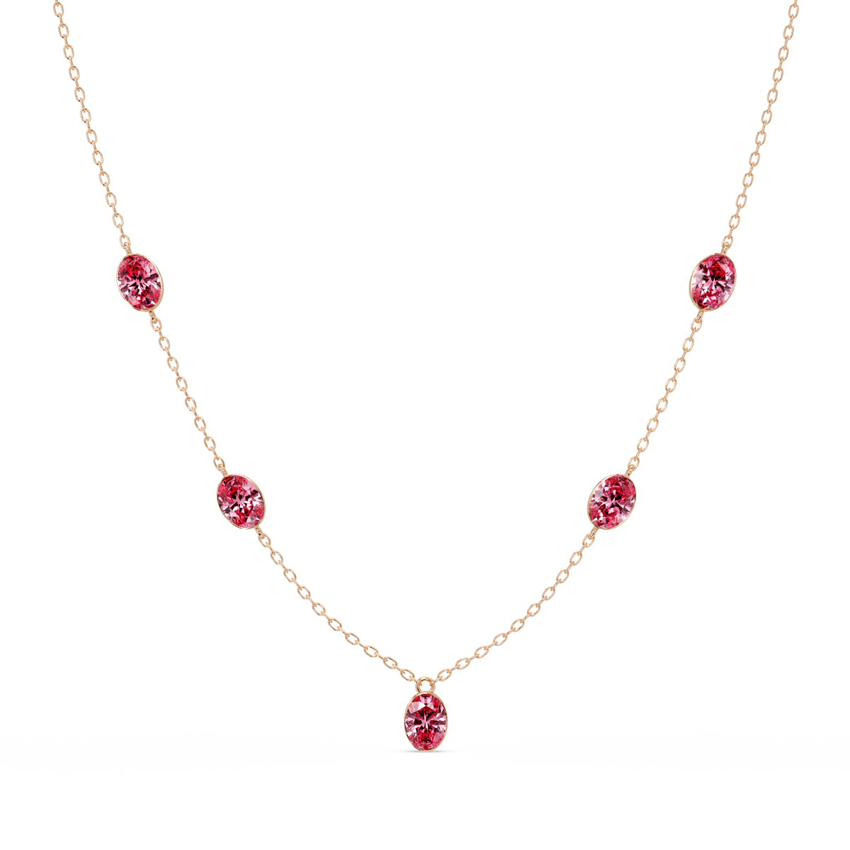 3.7 CTW Oval Colorstone Station Necklace - Rose Gold Tourmaline Pink