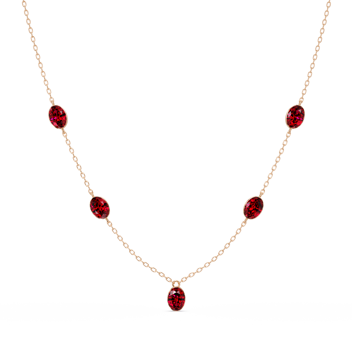 3.7 CTW Oval Colorstone Station Necklace - Rose Gold Ruby Red