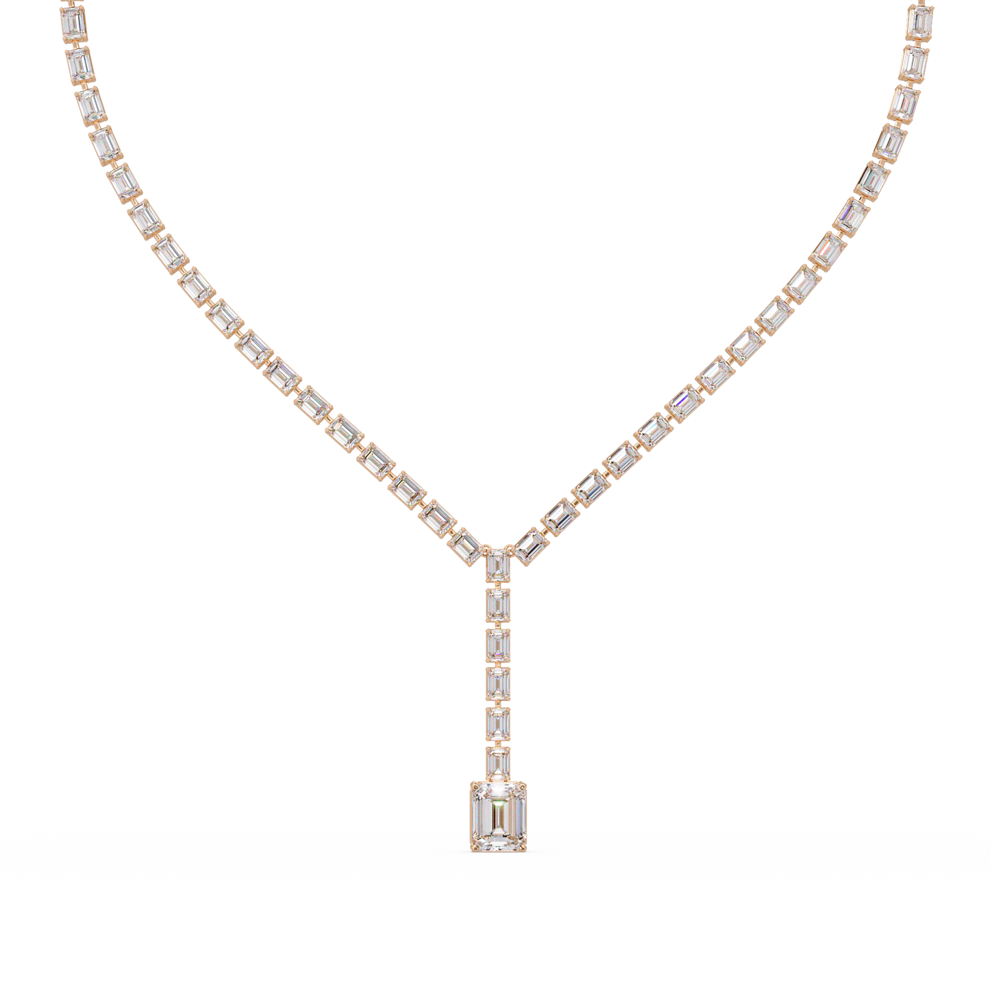 Twenty One Carat Emerald Cut Diamond Drop Tennis Necklace Lab Grown 14K Gold