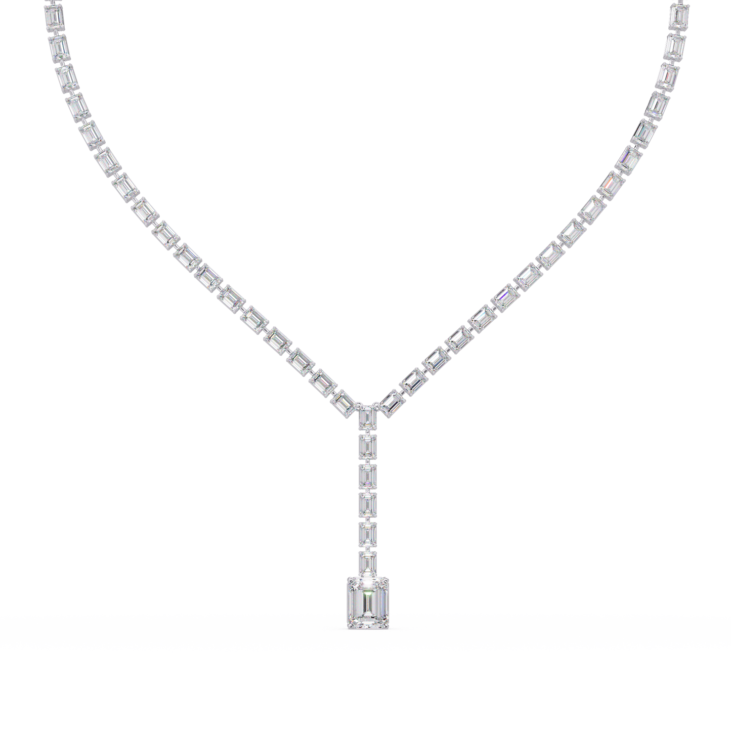 Twenty One Carat Emerald Cut Diamond Drop Tennis Necklace Lab Grown 14K Gold