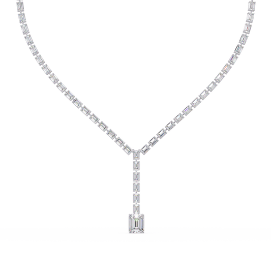 Twenty One Carat Emerald Cut Diamond Drop Tennis Necklace Lab Grown 14K Gold