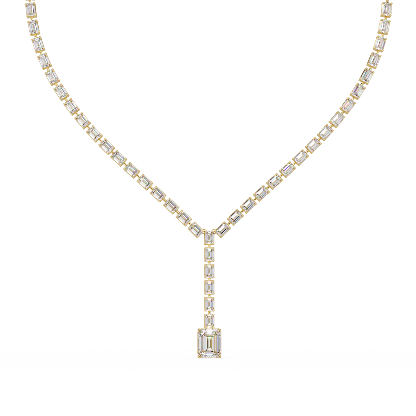 Twenty One Carat Emerald Cut Diamond Drop Tennis Necklace Lab Grown 14K Gold