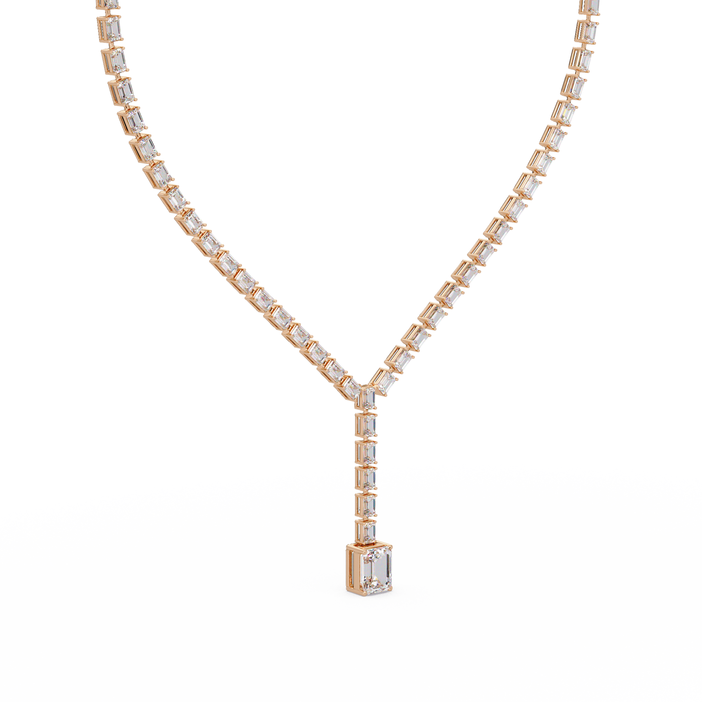 Twenty One Carat Emerald Cut Diamond Drop Tennis Necklace Lab Grown 14K Gold