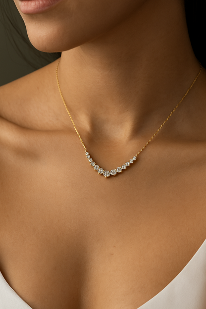 Gold necklace with a diamond pendant on a person's neck