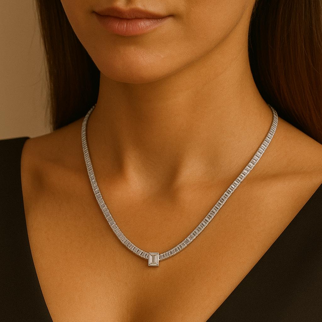 24 Ct Emerald Cut Lab Grown Diamond Tennis Necklace 14K Gold