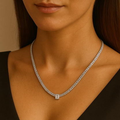 24 Ct Emerald Cut Lab Grown Diamond Tennis Necklace 14K Gold