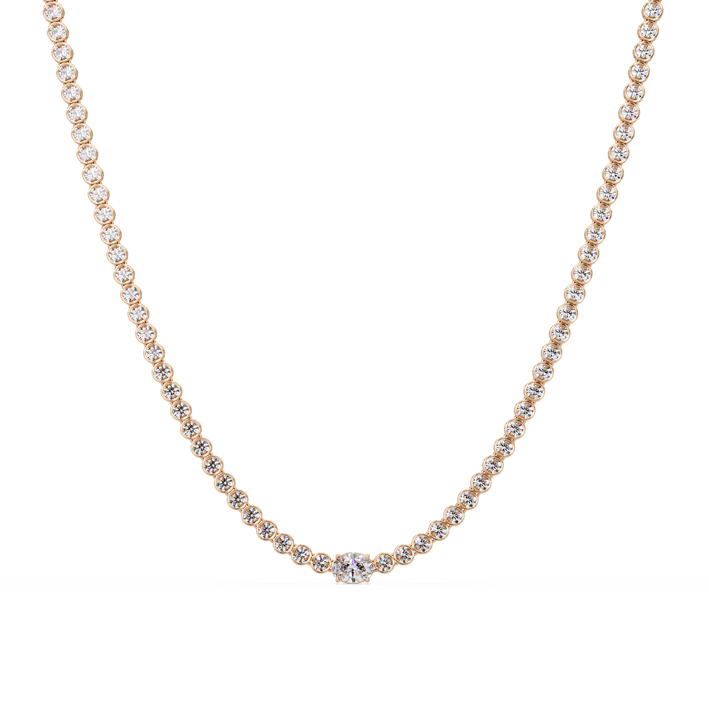 10.87 Ct Round Diamond Tennis Necklace With Oval Center Stone 14K Gold Lab Grown