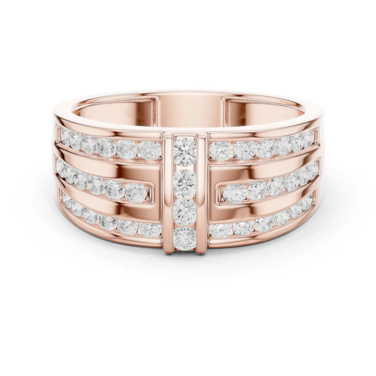 0.75 CTW Multi-Row Round Lab-Grown Diamond Wide Band with Geometric Center Detail in 14K Gold