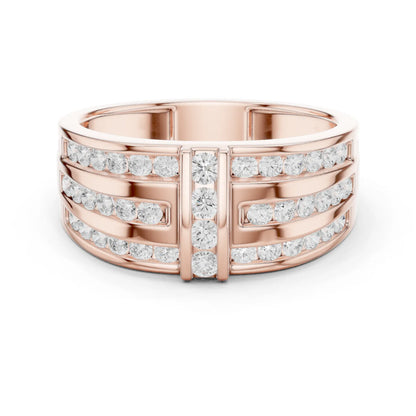 0.75 CTW Multi-Row Round Lab-Grown Diamond Wide Band with Geometric Center Detail in 14K Gold