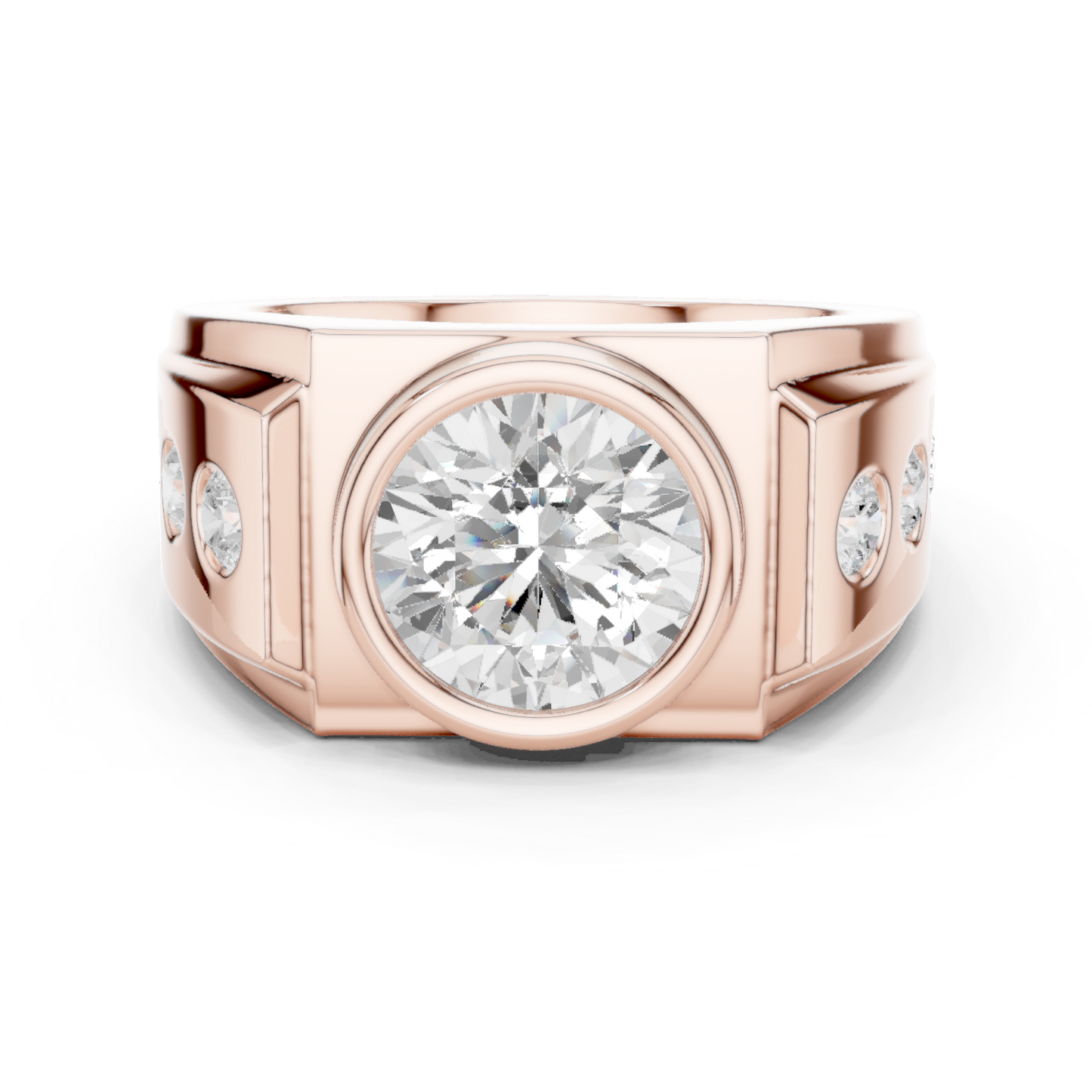 3.66 CTW Round Lab-Grown Diamond Bezel-Set Men’s Statement Ring with Side Diamonds in 14K Gold