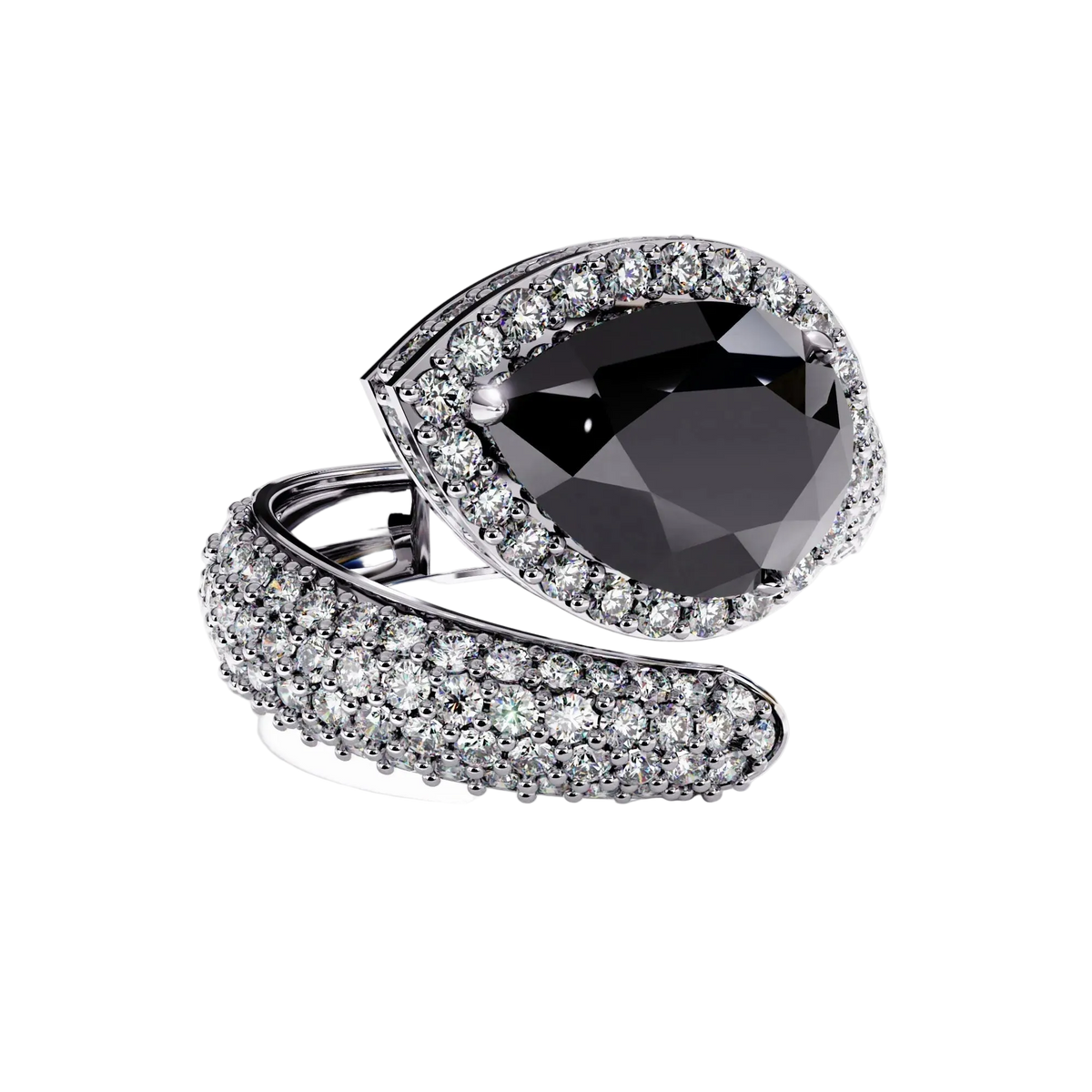 3.0 CTW pear-cut halo pavé bypass colorstone ring product render with round pavé accent stones.