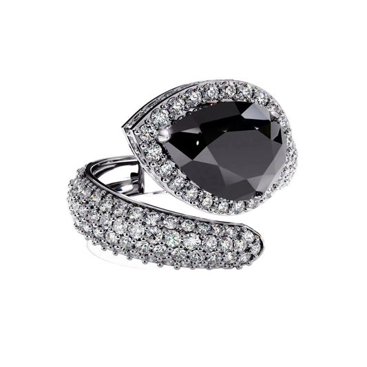 3.0 CTW pear-cut halo pavé bypass colorstone ring product render with round pavé accent stones.