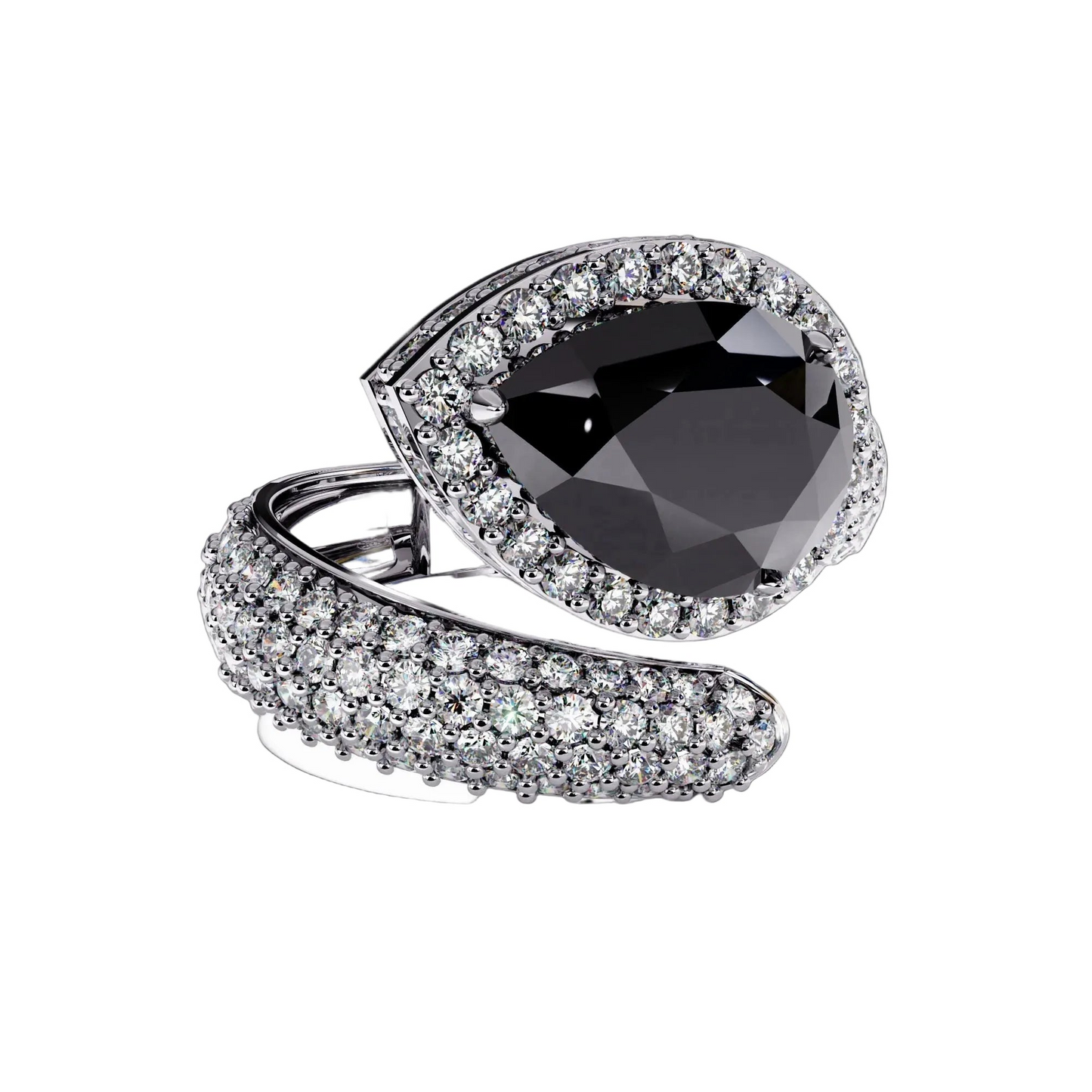 A high-end silver ring featuring a large faceted black teardrop gemstone surrounded by a halo of clear stones, with a curved pavé band also set with clear stones, shown on a white background.