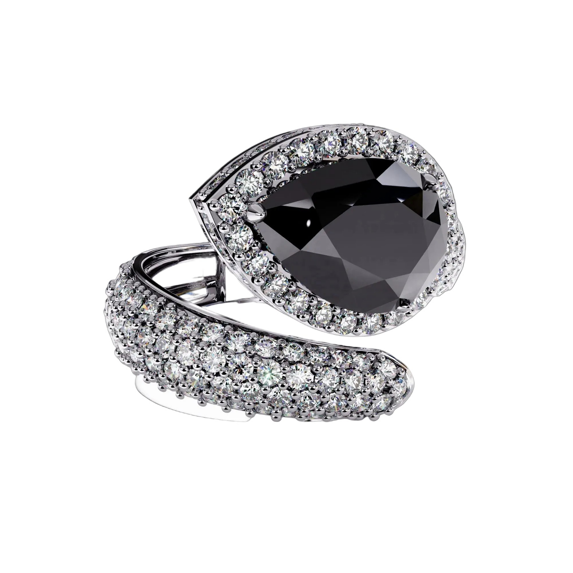 A high-end silver ring featuring a large faceted black teardrop gemstone surrounded by a halo of clear stones, with a curved pavé band also set with clear stones, shown on a white background.