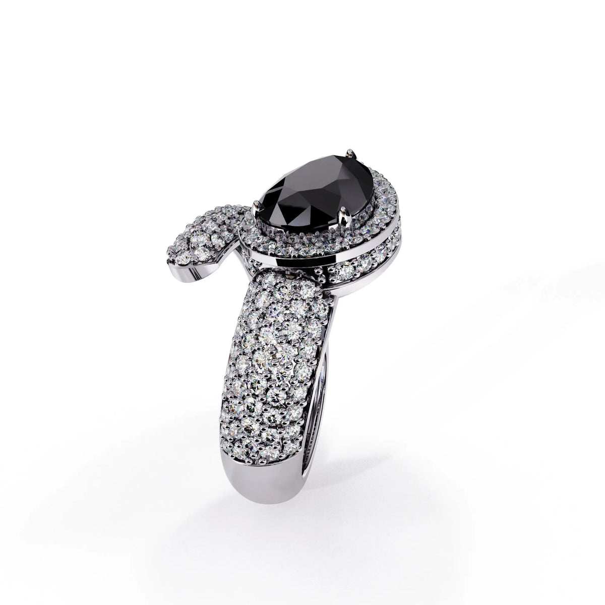3.0 CTW pear-cut halo pavé bypass colorstone ring product render with round pavé accent stones.