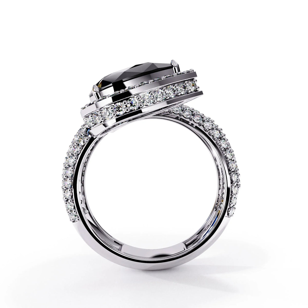 3.0 CTW pear-cut halo pavé bypass colorstone ring product render with round pavé accent stones.
