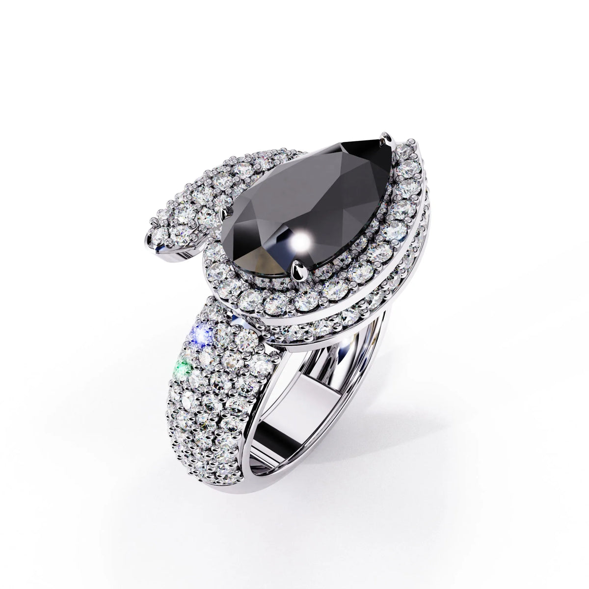 3.0 CTW pear-cut halo pavé bypass colorstone ring product render with round pavé accent stones.