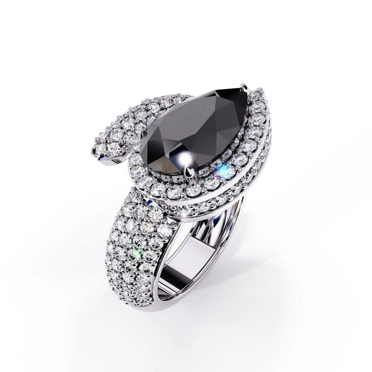 3.0 CTW pear-cut halo pavé bypass colorstone ring product render with round pavé accent stones.