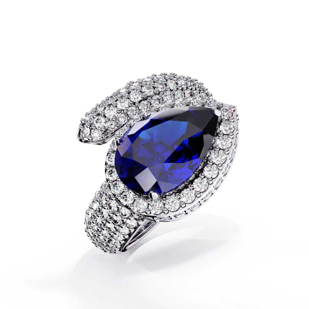 3.0 CTW pear-cut halo pavé bypass colorstone ring product render with round pavé accent stones.