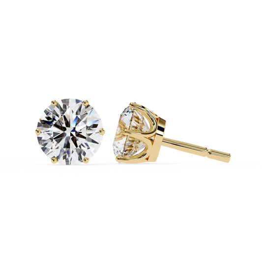 2.57 CTW round lab-grown diamond stud earrings in a six-prong tulip setting, crafted in polished 14K gold.