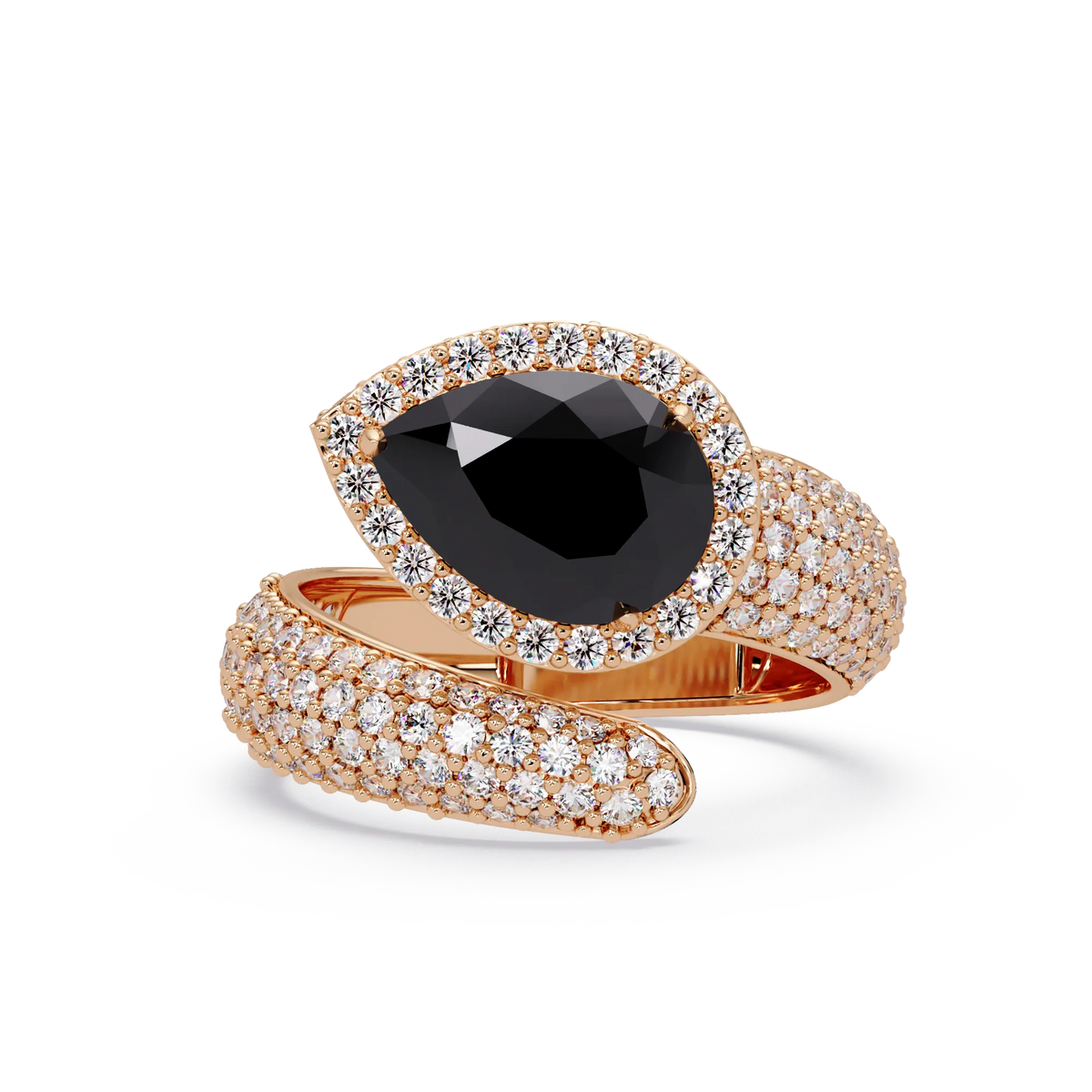 3.0 CTW pear-cut Onyx halo pavé bypass ring in 14K Rose Gold with round pavé accent stones.