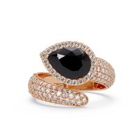3.0 CTW pear-cut Onyx halo pavé bypass ring in 14K Rose Gold with round pavé accent stones.