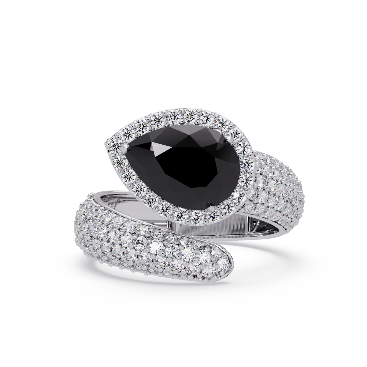 3.0 CTW pear-cut Onyx halo pavé bypass ring in 14K White Gold with round pavé accent stones.