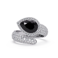 3.0 CTW pear-cut Onyx halo pavé bypass ring in 14K White Gold with round pavé accent stones.