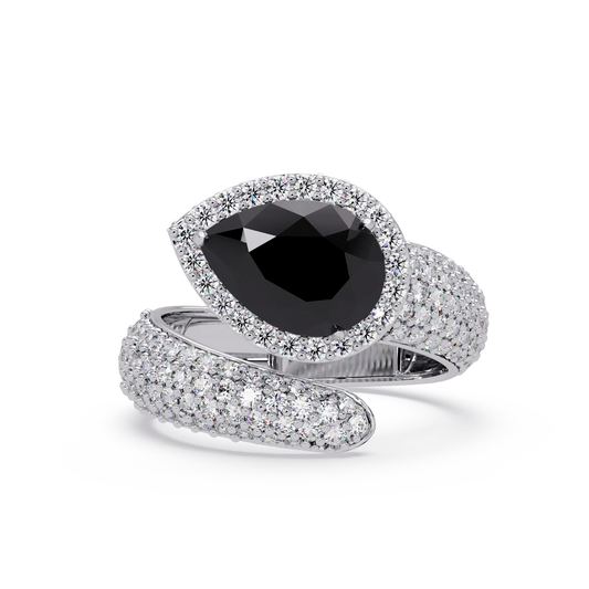 3.0 CTW pear-cut Onyx halo pavé bypass ring in 14K White Gold with round pavé accent stones.