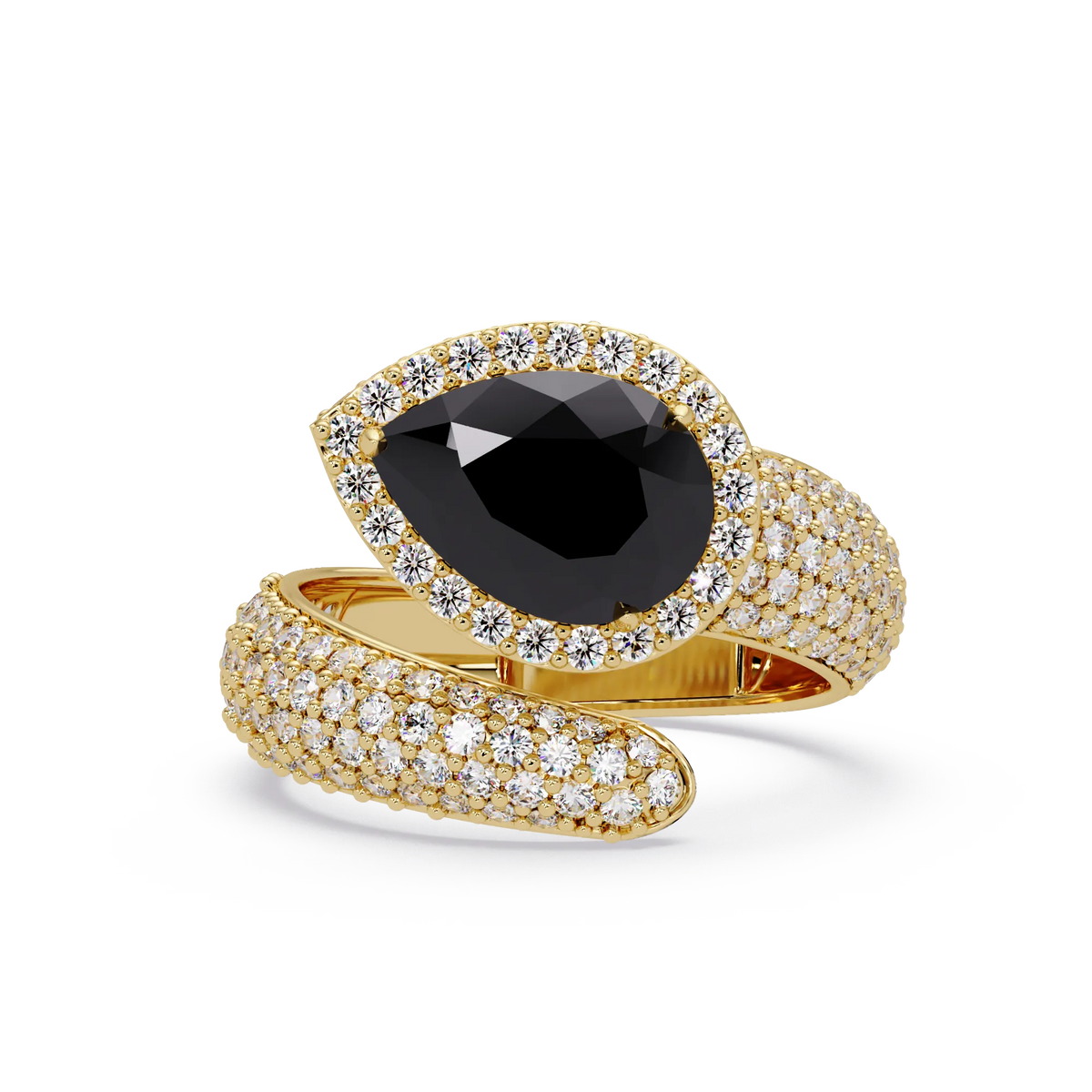 3.0 CTW pear-cut Onyx halo pavé bypass ring in 14K Yellow Gold with round pavé accent stones.