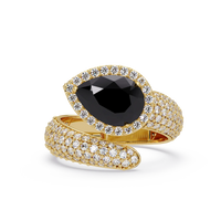 3.0 CTW pear-cut Onyx halo pavé bypass ring in 14K Yellow Gold with round pavé accent stones.