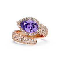 3.0 CTW pear-cut Amethyst Purple halo pavé bypass ring in 14K Rose Gold with round pavé accent stones.
