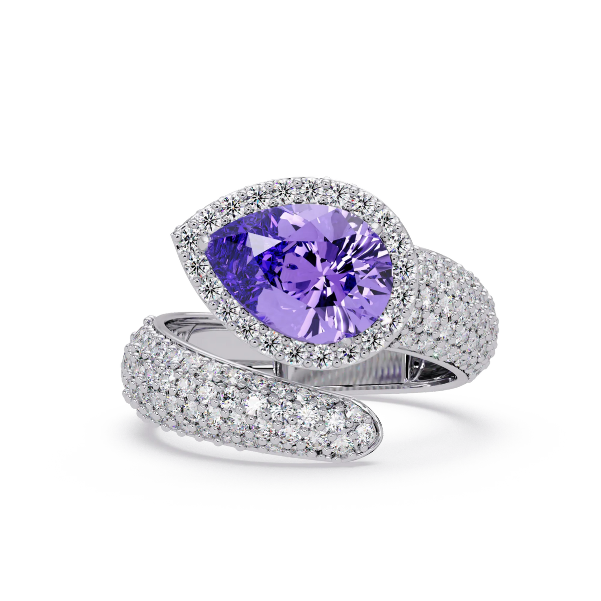 3.0 CTW pear-cut Amethyst Purple halo pavé bypass ring in 14K White Gold with round pavé accent stones.
