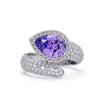 3.0 CTW pear-cut Amethyst Purple halo pavé bypass ring in 14K White Gold with round pavé accent stones.