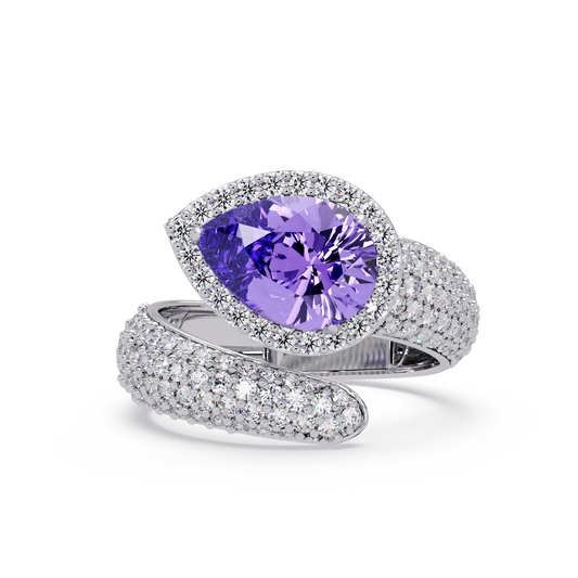3.0 CTW pear-cut Amethyst Purple halo pavé bypass ring in 14K White Gold with round pavé accent stones.