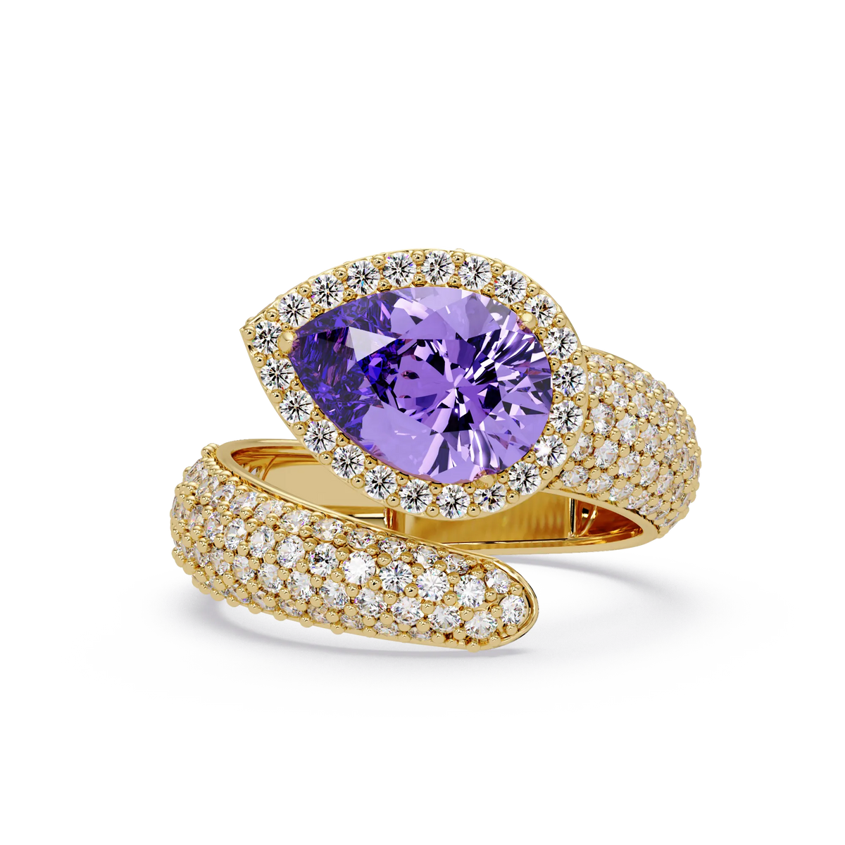 3.0 CTW pear-cut Amethyst Purple halo pavé bypass ring in 14K Yellow Gold with round pavé accent stones.