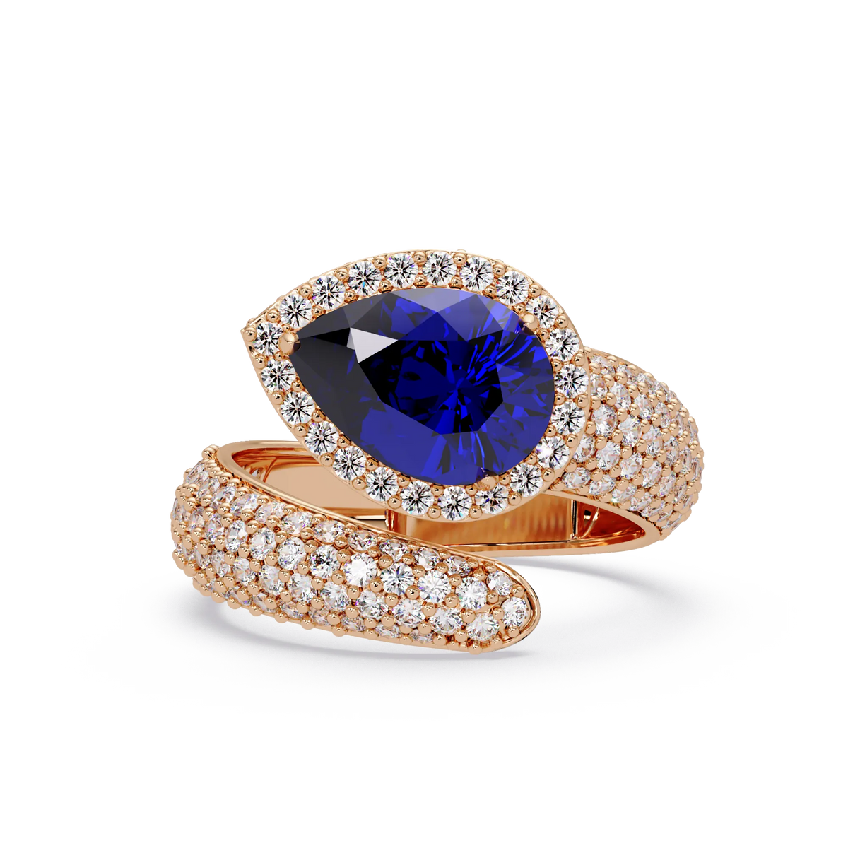 3.0 CTW pear-cut Sapphire Blue halo pavé bypass ring in 14K Rose Gold with round pavé accent stones.