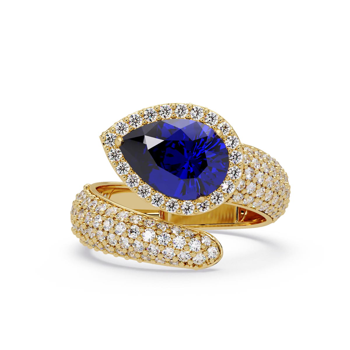 3.0 CTW pear-cut Sapphire Blue halo pavé bypass ring in 14K Yellow Gold with round pavé accent stones.