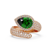 3.0 CTW pear-cut Emerald Green halo pavé bypass ring in 14K Rose Gold with round pavé accent stones.