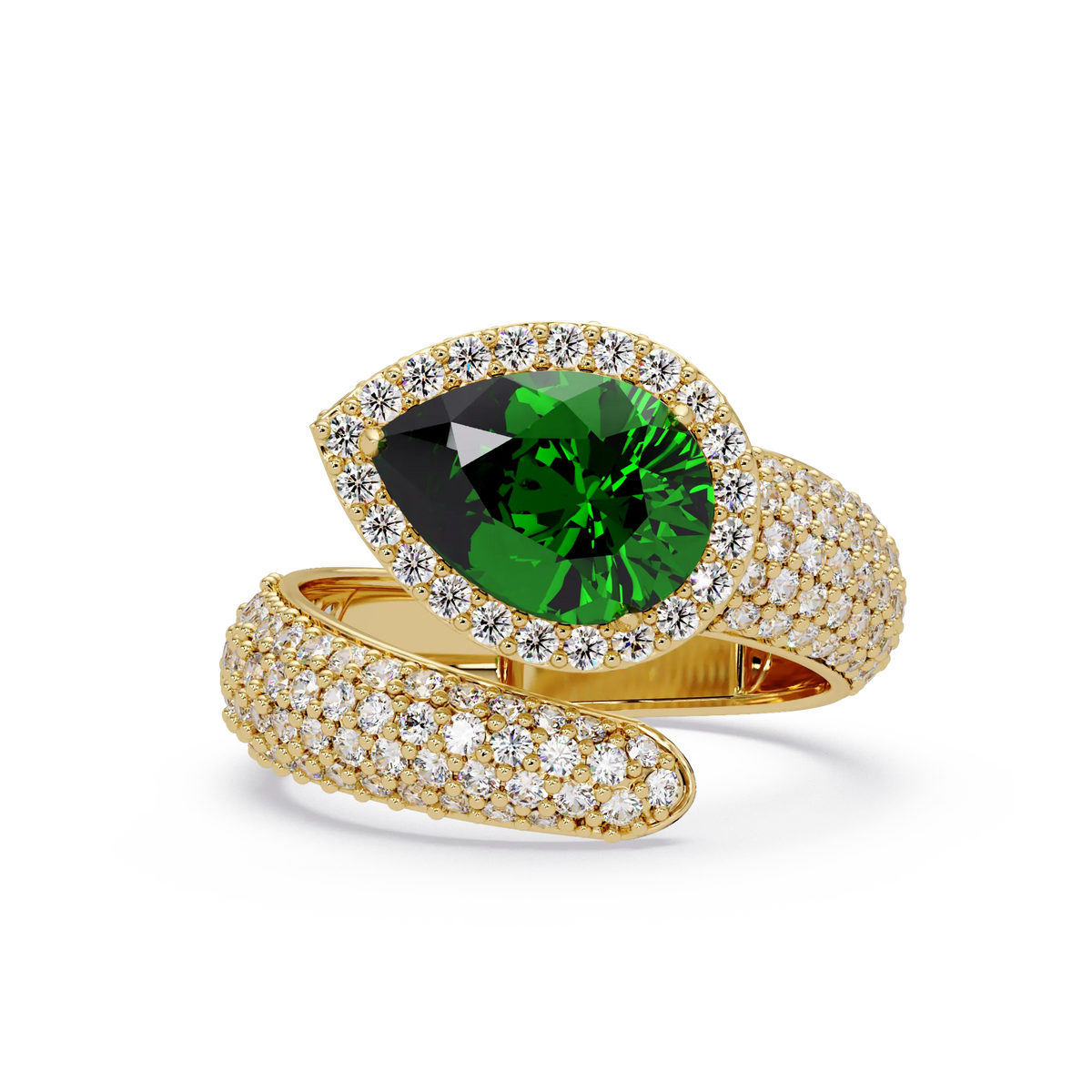3.0 CTW pear-cut Emerald Green halo pavé bypass ring in 14K Yellow Gold with round pavé accent stones.