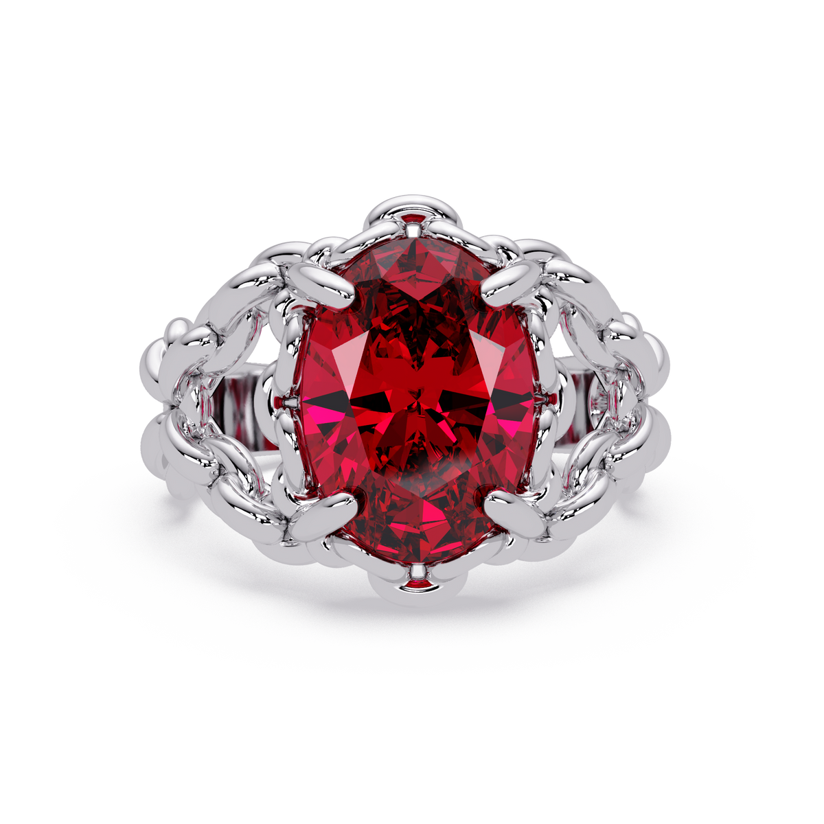 5.3 CTW Oval Ornate Colorstone Cocktail Ring with Ruby Red stone in 14K White Gold – Lunéa Paris