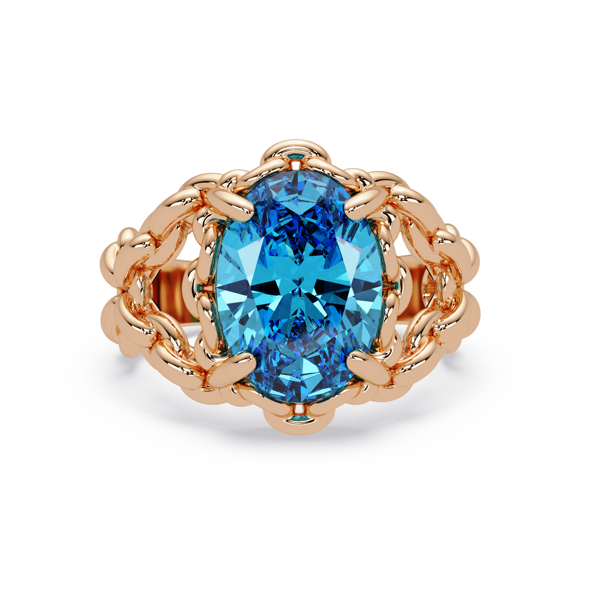 5.3 CTW Oval Ornate Colorstone Cocktail Ring with Aquamarine Blue stone in 14K Rose Gold – Lunéa Paris