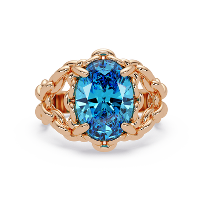 5.3 CTW Oval Ornate Colorstone Cocktail Ring with Aquamarine Blue stone in 14K Rose Gold – Lunéa Paris