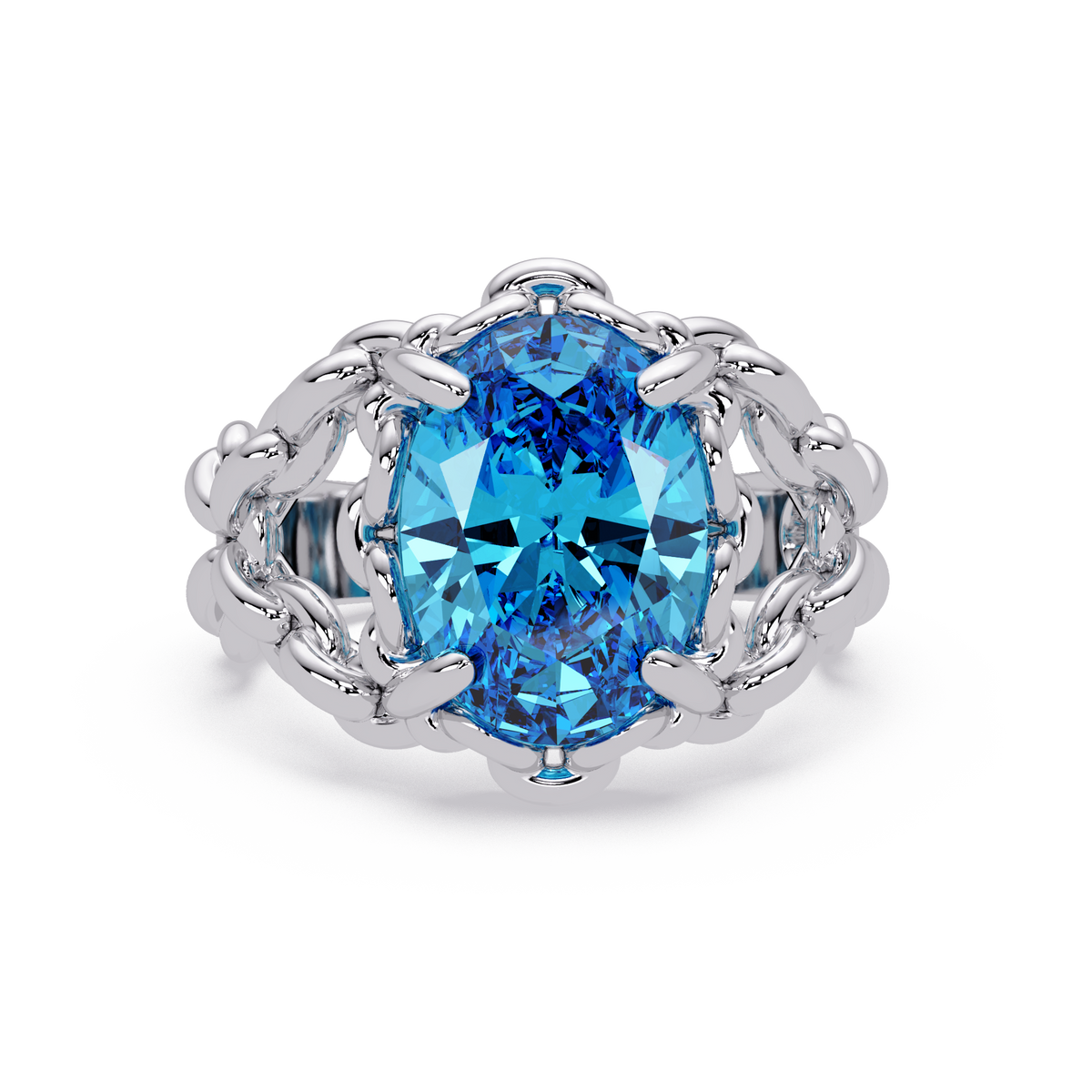 5.3 CTW Oval Ornate Colorstone Cocktail Ring with Aquamarine Blue stone in 14K White Gold – Lunéa Paris
