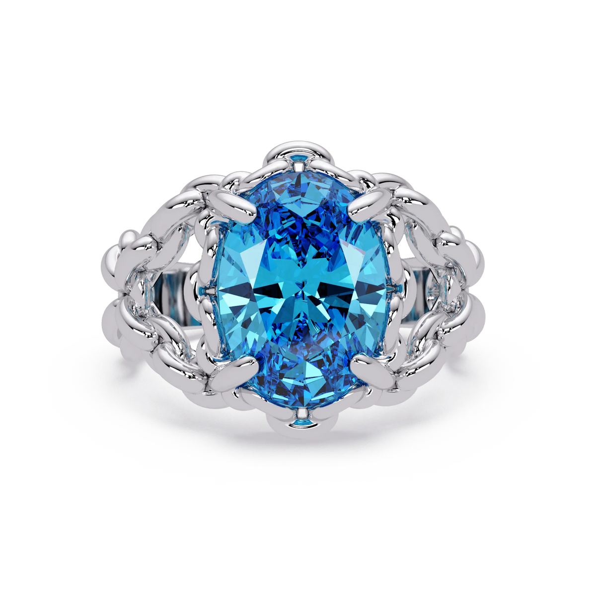 5.3 CTW Oval Ornate Colorstone Cocktail Ring with Aquamarine Blue stone in 14K White Gold – Lunéa Paris