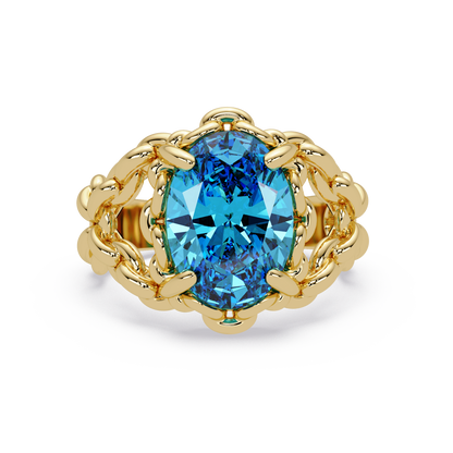 5.3 CTW Oval Ornate Colorstone Cocktail Ring with Aquamarine Blue stone in 14K Yellow Gold – Lunéa Paris