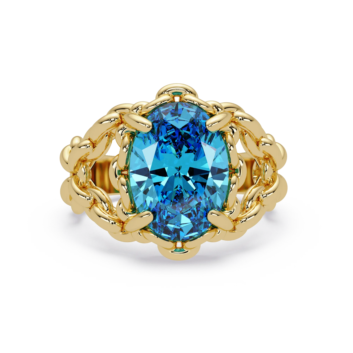 5.3 CTW Oval Ornate Colorstone Cocktail Ring with Aquamarine Blue stone in 14K Yellow Gold – Lunéa Paris