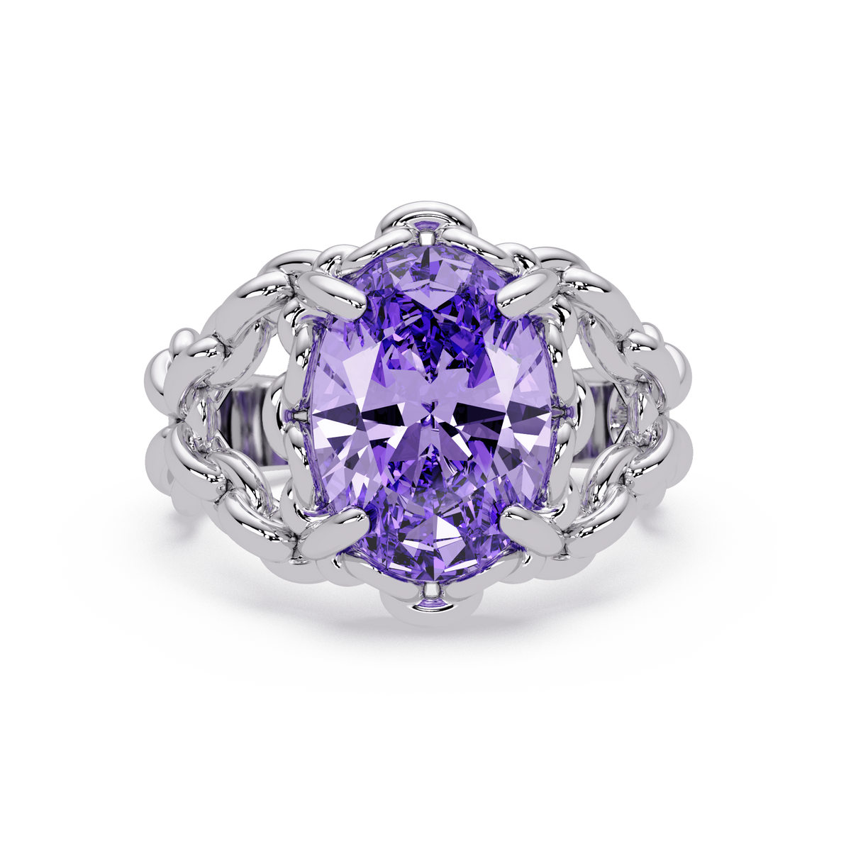 5.3 CTW Oval Ornate Colorstone Cocktail Ring with Amethyst Purple stone in 14K White Gold – Lunéa Paris