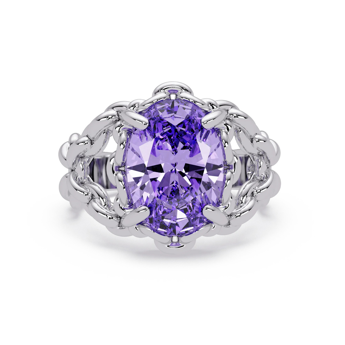 5.3 CTW Oval Ornate Colorstone Cocktail Ring with Amethyst Purple stone in 14K White Gold – Lunéa Paris